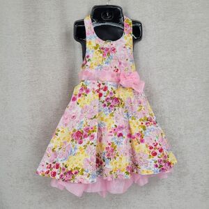 Jessica Ann Yellow and Pink Floral Sparkly Halter Dress Pink Satin Petticoat